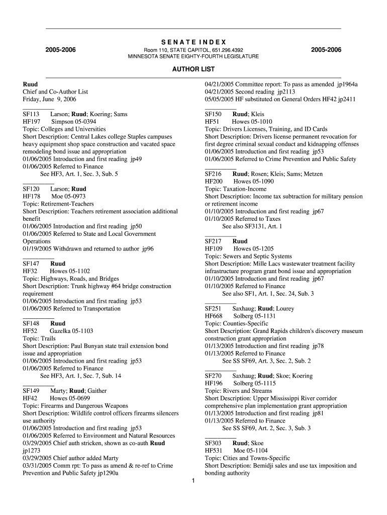 4392 MINNESOTA SENATE EIGHTYFOURTH LEGISLATURE 20052006 AUTHOR LIST 04 21 2005 Committee report: To  Preview on Page 1