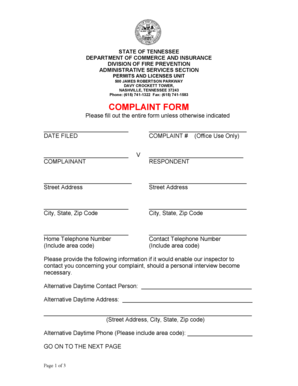 Tennessee Fire Prevention Complaint Form