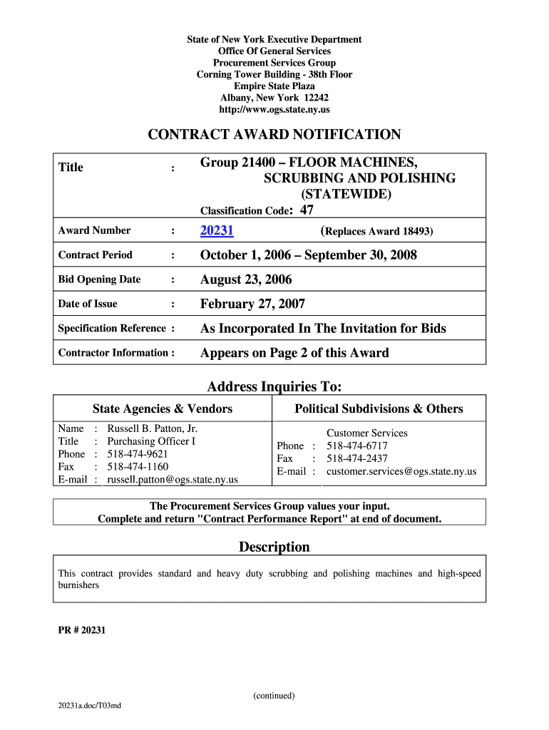 21400 20231 Floor Machines, Scrubbing and Polishing, Statewide - Award - ogs state ny Preview on Page 1