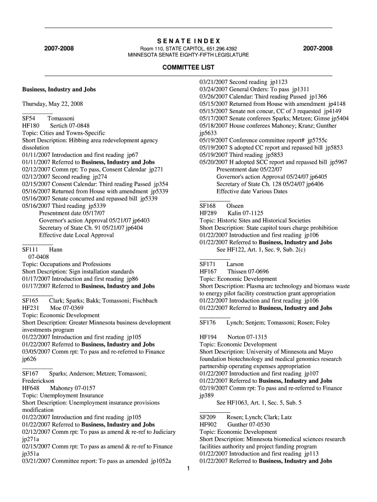 Committee List Business, Industry and Jobs - Minnesota Senate Preview on Page 1
