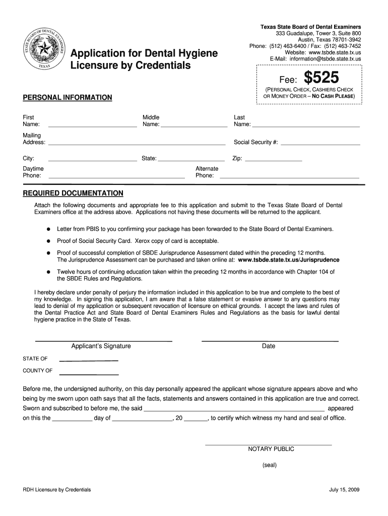 Fillable Online tsbde state tx Application for Dental Hygiene Licensure