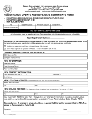 Texas Registration Update and Duplicate Certificate Form