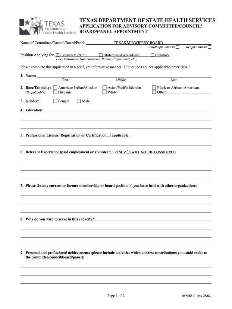 Texas Midwifery Board Application - Texas Department of State - dshs state tx Preview on Page 1
