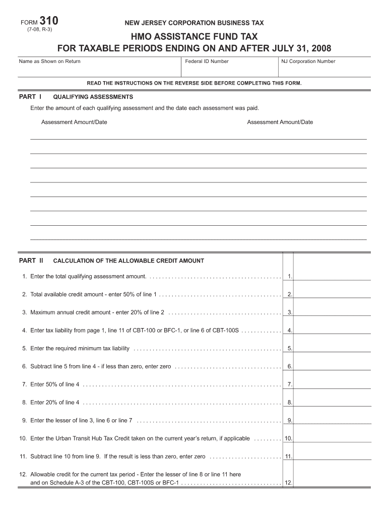 FORM 310 NEW JERSEY CORPORATION BUSINESS TAX (7-08, R-3) HMO ASSISTANCE FUND TAX FOR TAXABLE PERIODS Preview on Page 1