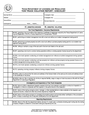 Texas Tow Truck Violation Report Checklist