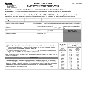 Virginia Factory/Distributor Plate Application