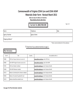 Virginia COVA Care and COVA HDHP Materials Order Form