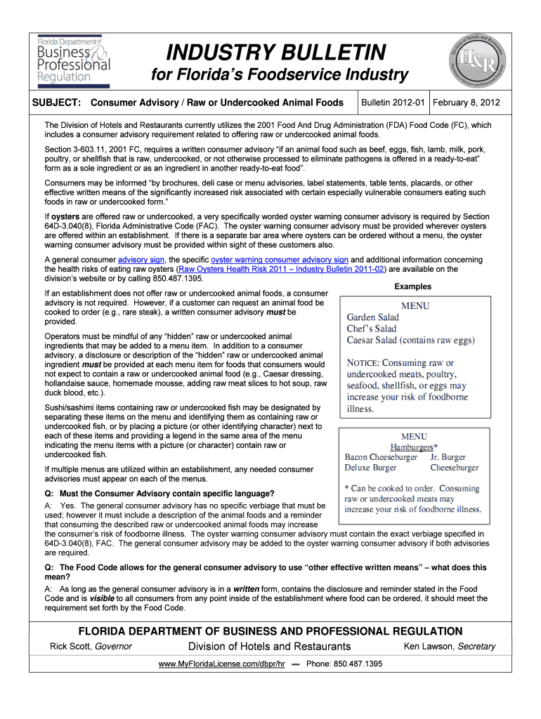 Fillable Online Consumer Advisory / Raw or Undercooked Animal Foods Fax Email Print - pdfFiller