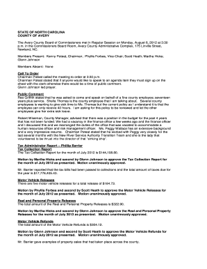 The Avery County Board of Commissioners met in Regular Session on Monday, August 6, 2012 at 330