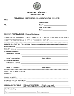 Request for Abstract of Judgment/Writ of Execution