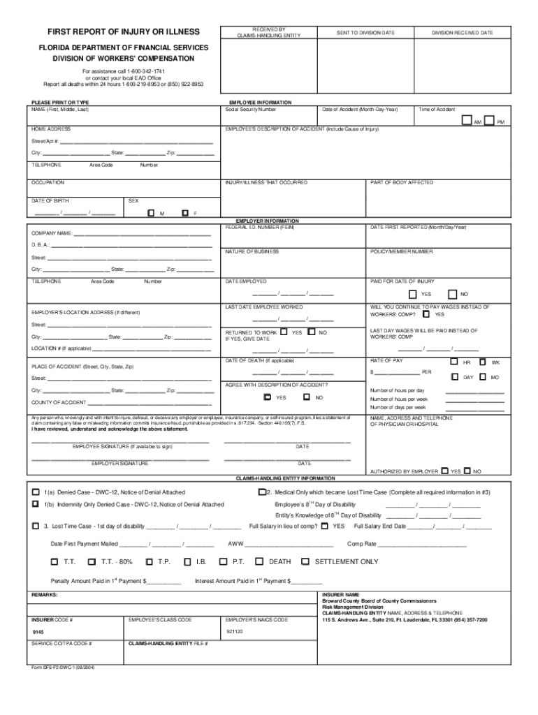 State First Report of Injury or Illness DWC1-Form - Broward County Preview on Page 1