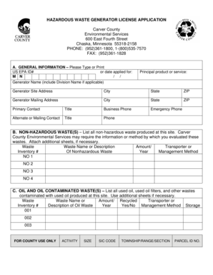 Hazardous Waste Generator Application - Carver County - co carver mn