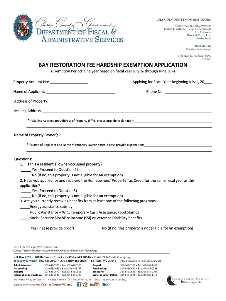 bay restoration fee hardship exemption application - Charles County Preview on Page 1