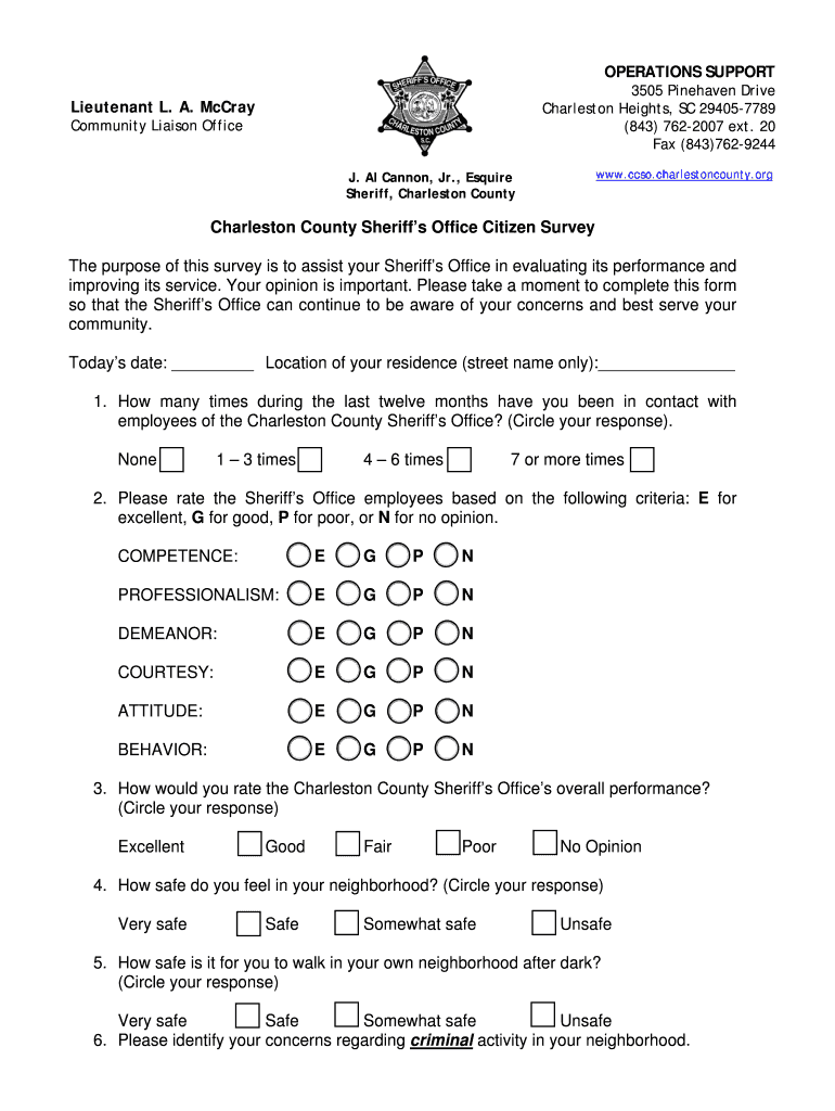 Citizen Survey Form - Charleston County Sheriff's Office Preview on Page 1