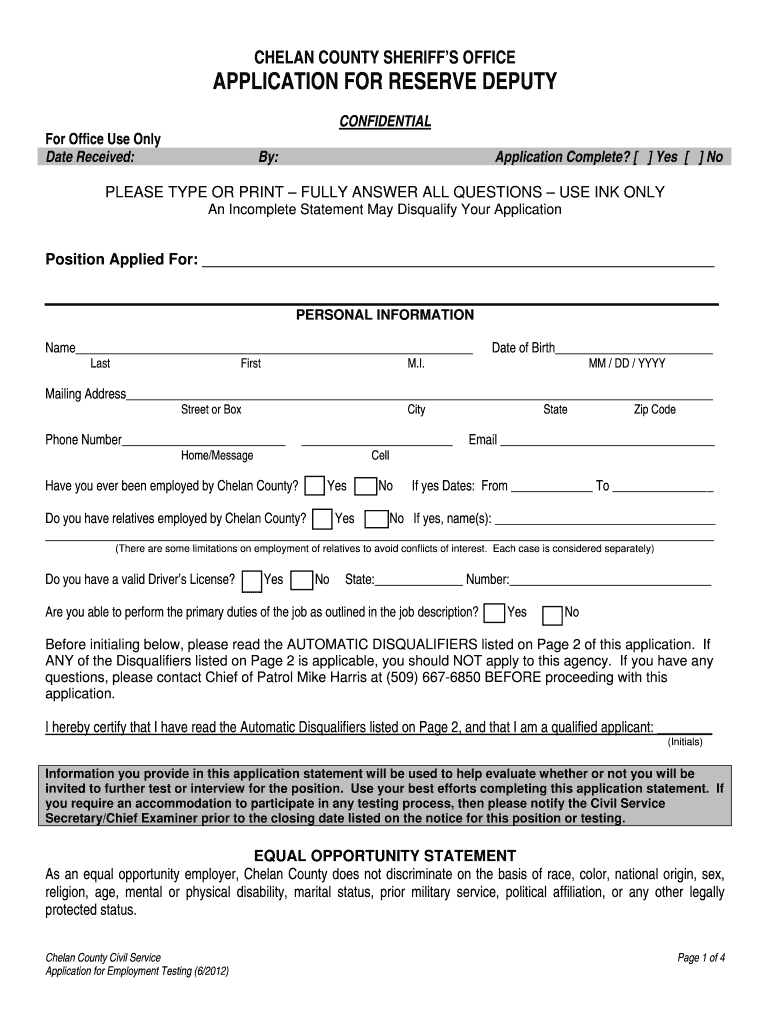 Reserve Deputy Application - Chelan County Preview on Page 1