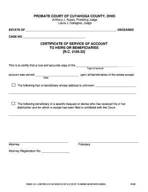 Ohio Certificate of Service of Account to Heirs or Beneficiaries