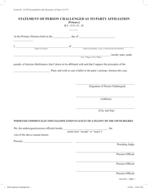 Ohio Form 10-W Statement of Party Affiliation