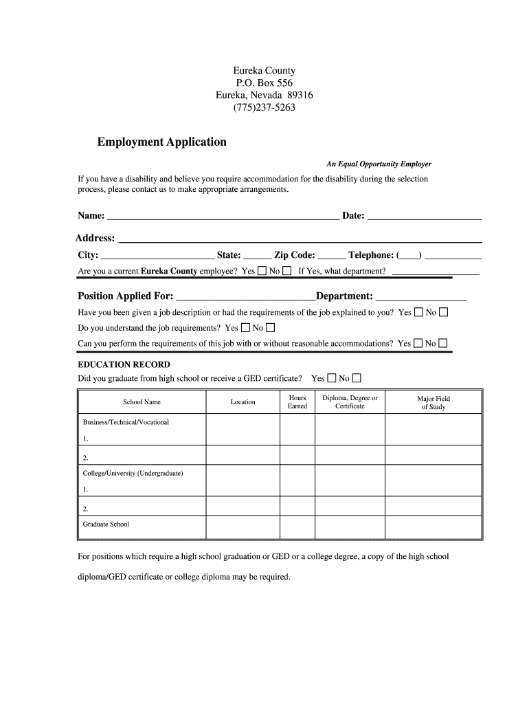 Eureka County employment application - Eureka County, Nevada Preview on Page 1