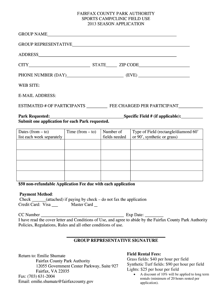 Sports camp clinic field use application - Fairfax County Government Preview on Page 1