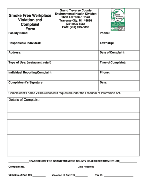 Smoke Free Workplace Violation and Complaint Form - co grand-traverse mi