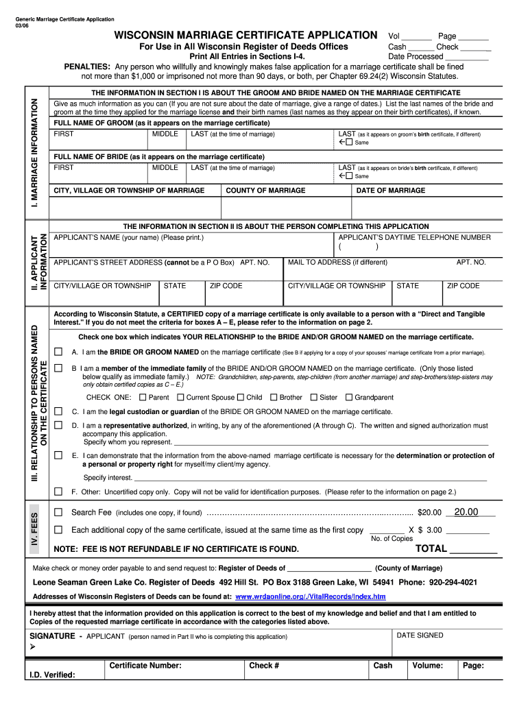 Fillable Online co greenlake wi WISCONSIN MARRIAGE CERTIFICATE APPLICATION Vol Fax Email