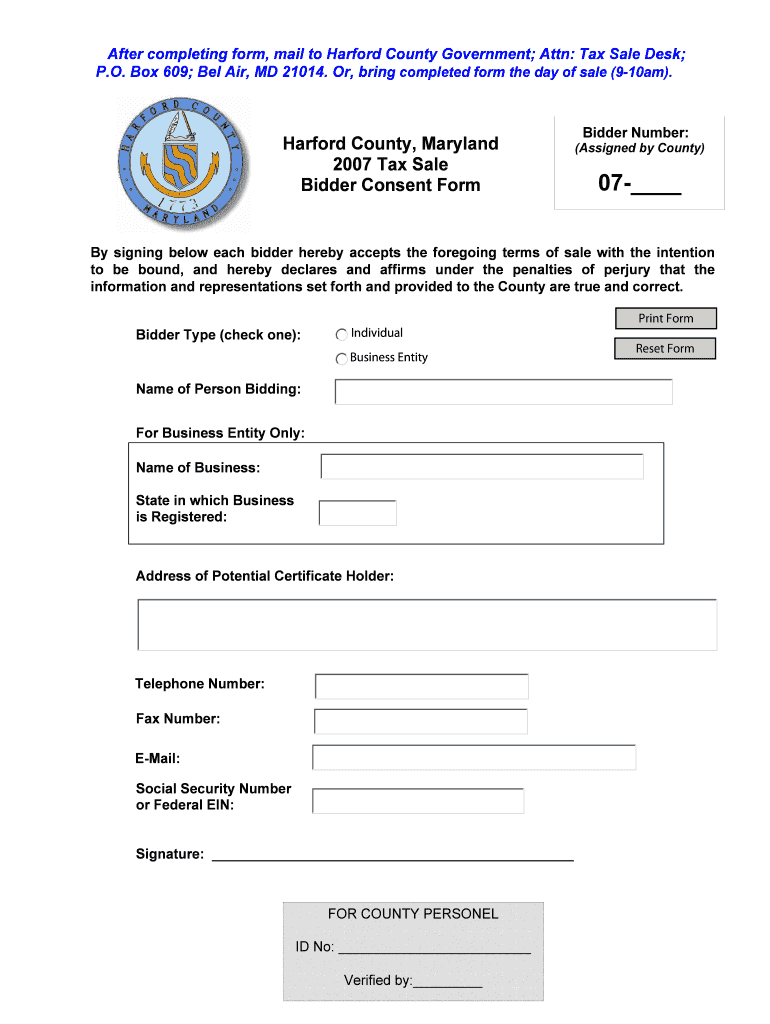 Harford County, Maryland 2007 Tax Sale Bidder Consent Form Preview on Page 1