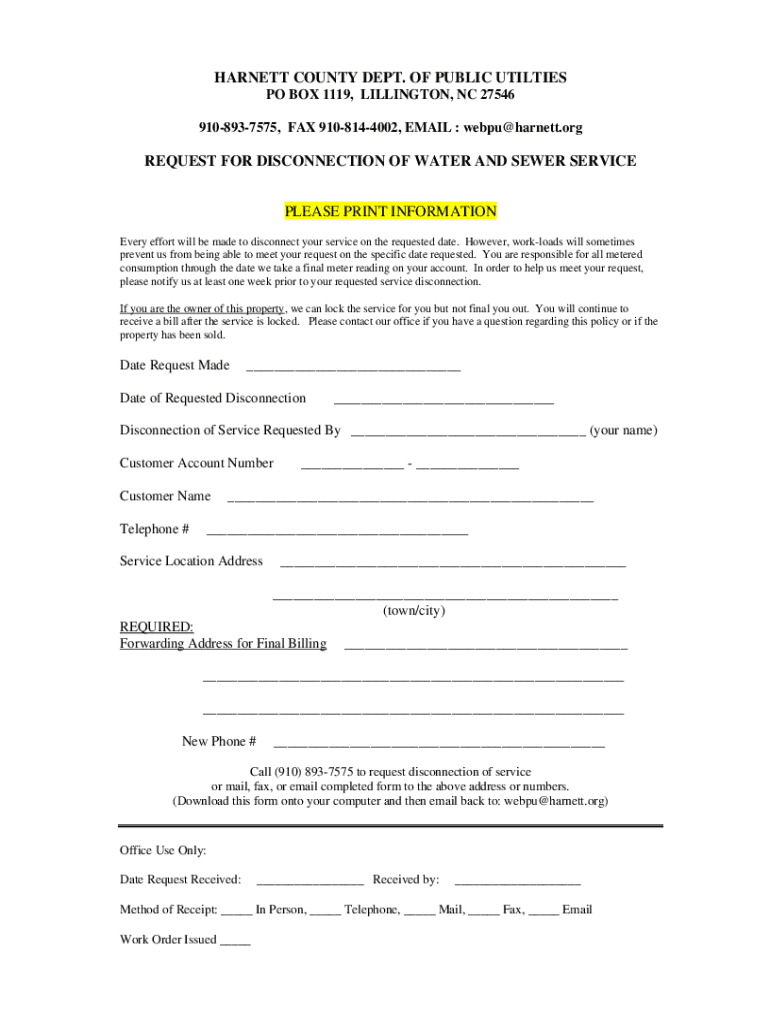 Fillable Online Request for Disconnection of Water and Sewer Service ...