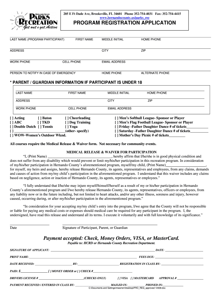 Fillable Online co hernando fl PROGRAM REGISTRATION APPLICATION
