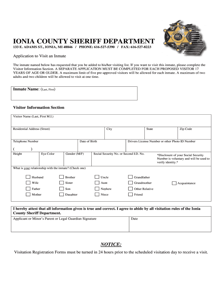 MI Application to Visit an Inmate Ionia County Fill and Sign