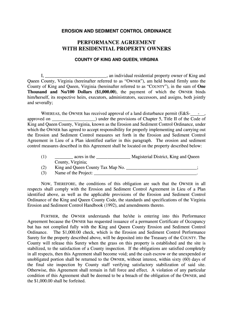 Fillable Online Residential Performance Agreement King and Queen