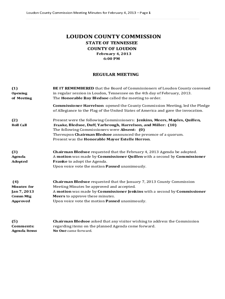 in regular session in Loudon, Tennessee on the 4th day of February, 2013 Preview on Page 1