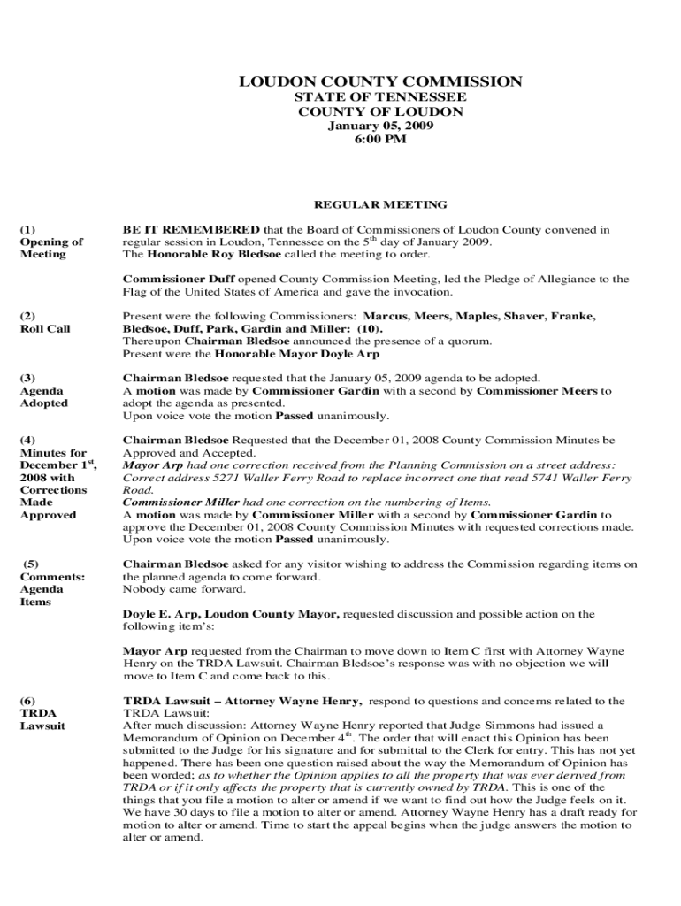 regular session in Loudon, Tennessee on the 5th day of January 2009 Preview on Page 1