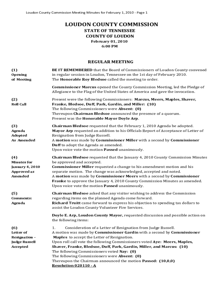 in regular session in Loudon, Tennessee on the 1st day of February 2010 Preview on Page 1