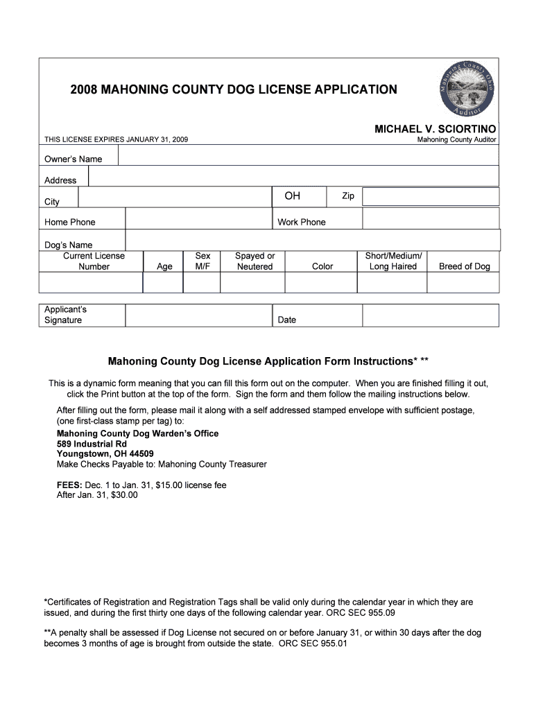 2008 MAHONING COUNTY DOG LICENSE APPLICATION Preview on Page 1