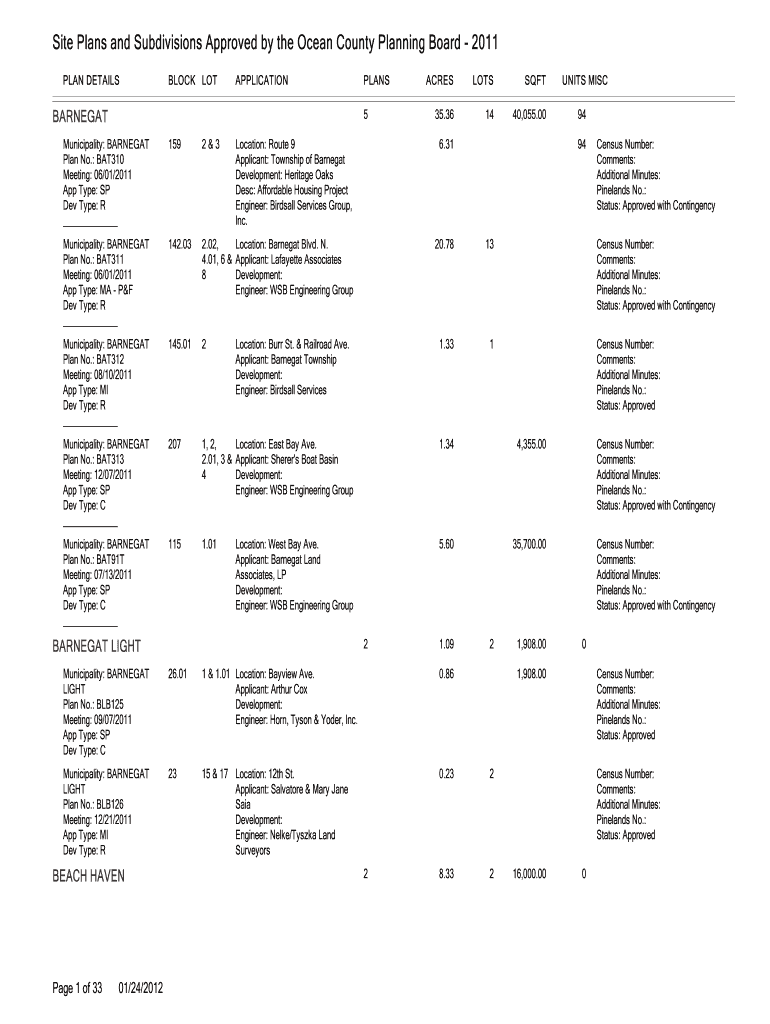 Fillable Online planning co ocean nj Site Plans and Subdivisions