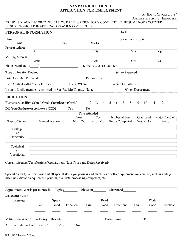 San Patricio County Job Application Fill Online, Printable, Fillable