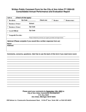 City of Ann Arbor Public Comment Form