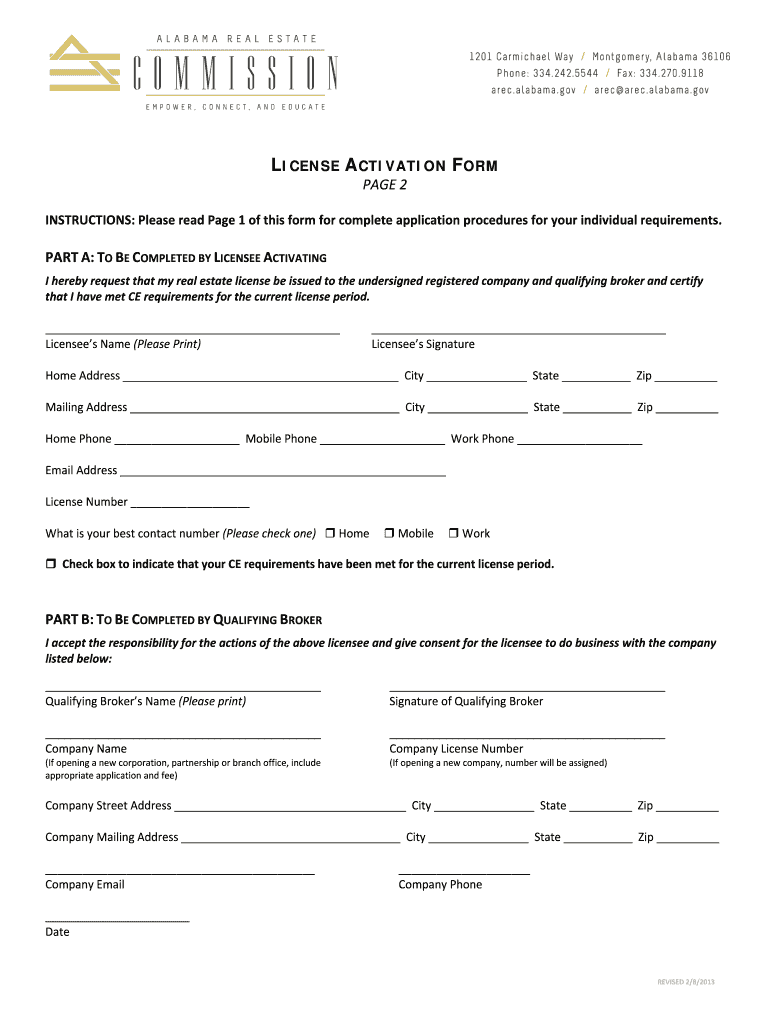 Fillable Online arec alabama License Activation Form Alabama Real