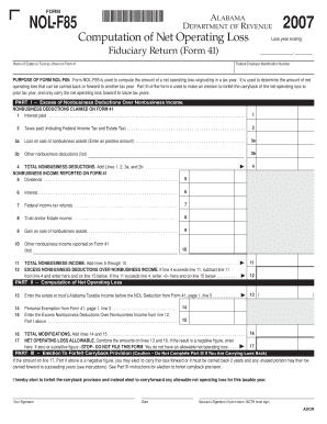 Alabama Net Operating Loss Form NOL-F85