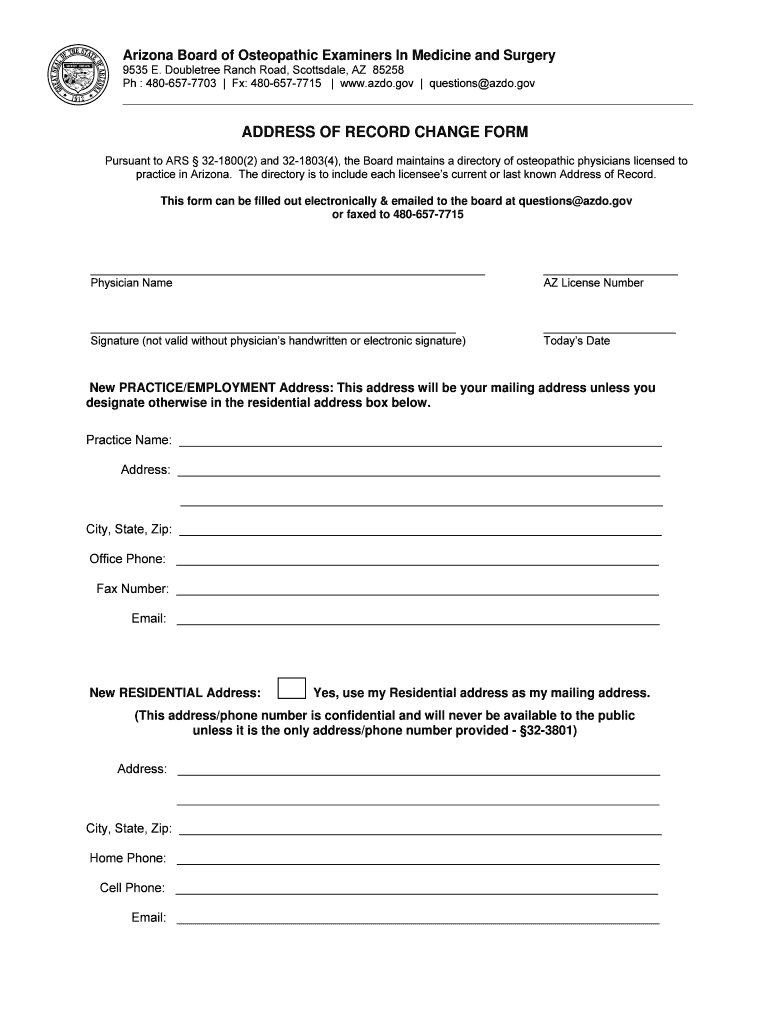 Fillable Online azdo Change of Address Form Arizona Board of