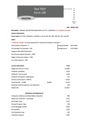 fillable online azdor test 7507 form 140 arizona ssn 400007507 arizona form 140
