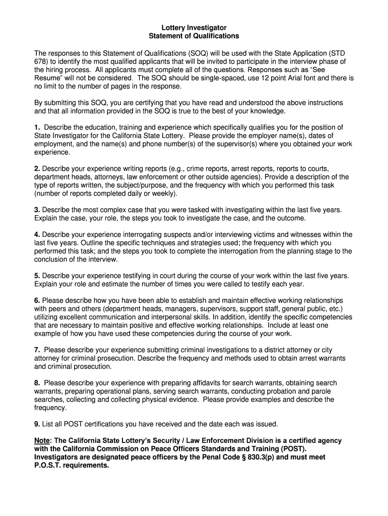 Lottery Investigator Statement of Qualifications Preview on Page 1