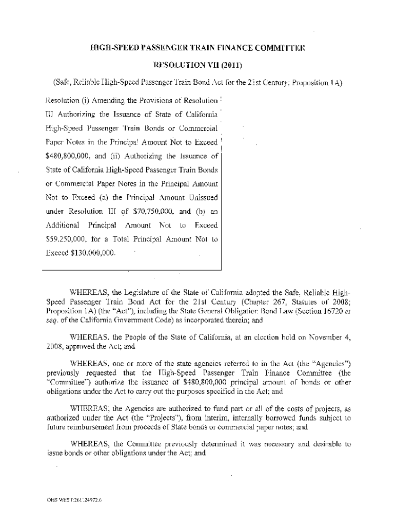 HIGH-SPEED PASSENGER TRAIN FINANCE COMMITTEE RESOLUTION VII (2011) Preview on Page 1