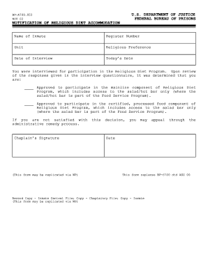 Form BP-A700.053, Notification of Religious Diet Accommodation - bop