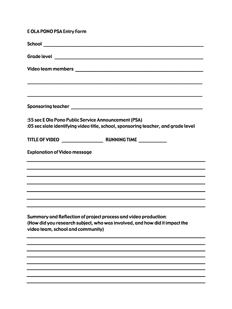E OLA PONO PSA Entry Form Preview on Page 1