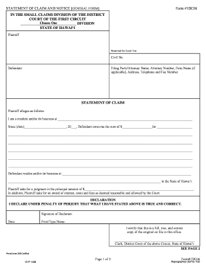 Hawaii Small Claims Statement of Claim