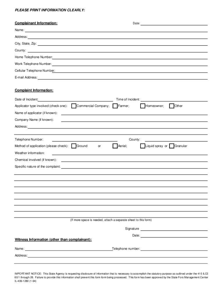 Pesticide Incident Complaint Form - Illinois Department of Agriculture - agr state il Preview on Page 1