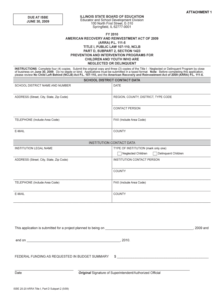 Illinois State Board of Education ARRA Title I, Part D Subpart 2 Grant Application Preview on Page 1