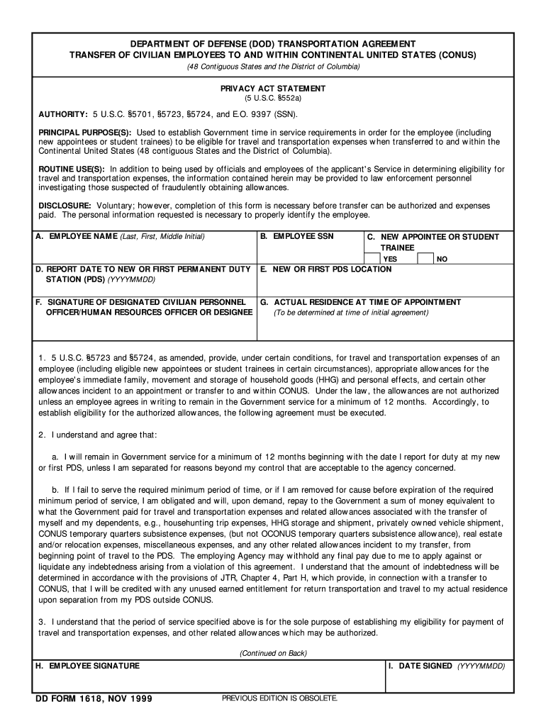 D D Form 1 6 1 8, Department of Defense Transportation Agreement Transfer of Civilian Employees to a Preview on Page 1