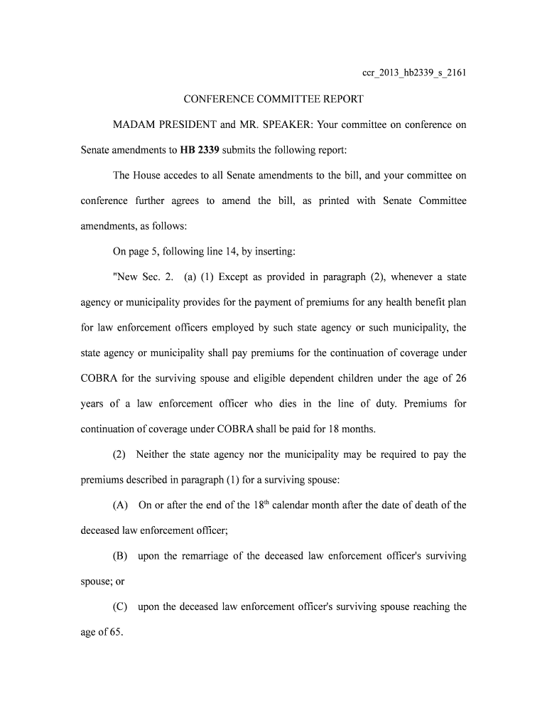 ccr 2013 hb2339 s 2161 CONFERENCE COMMITTEE REPORT MADAM PRESIDENT and MR - kslegislature Preview on Page 1